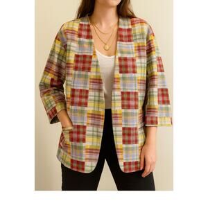 Cinq a Sept Triss Plaid Quilted Patchwork Chore Jacket Cream/Red Size Medium